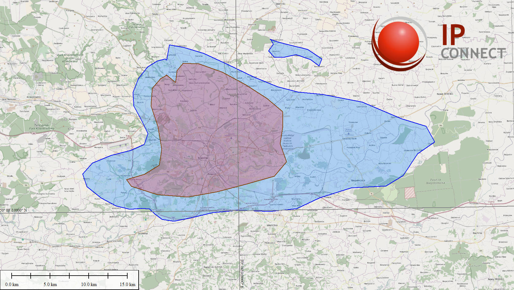 Mapa zasięgu sieci DMR IP Connect w Krakowie i okolicach
